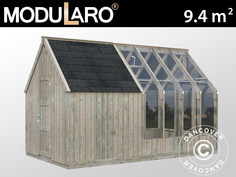 Wooden greenhouse with integrated tool shed
